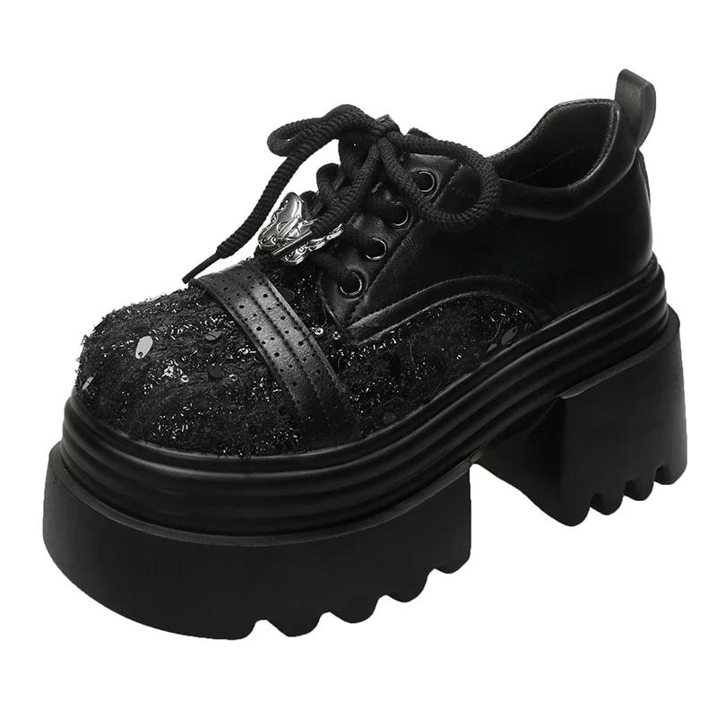 

Мода 9,5 см Весна Женские Блестящие Туфли на Высоком Каблуке Новинка 2025 Платформа Повседневная Обувь для Ходьбы Нескользящие Танкетки Кожаные Массивные Кроссовки На Шнуровке Туфли 34 чёрный