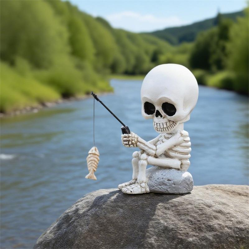Outdoor Resins Halloween Skeleton Fisherman Sculpture With Shaking Head Design For Garden Patios Pond Decoration Gift