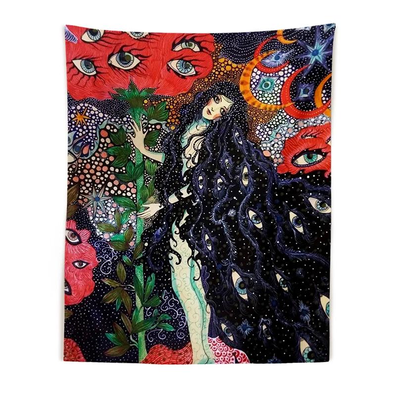 Tapisserie Fille Psychédélique Accrochage Mural Plante Fleur Céleste Œil Tapis Dortoir Étoile