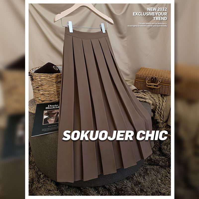 Högkvalitativ medellång plisserad A-linjeformad kjol med resår i midjan för kvinnor - Mångsidig höst/vinterstil