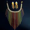 Vintage Rhinestone Crystal Necklace Shiny Ear Studs Luxury Rainbow Tassel Jewelry Set  Girls
