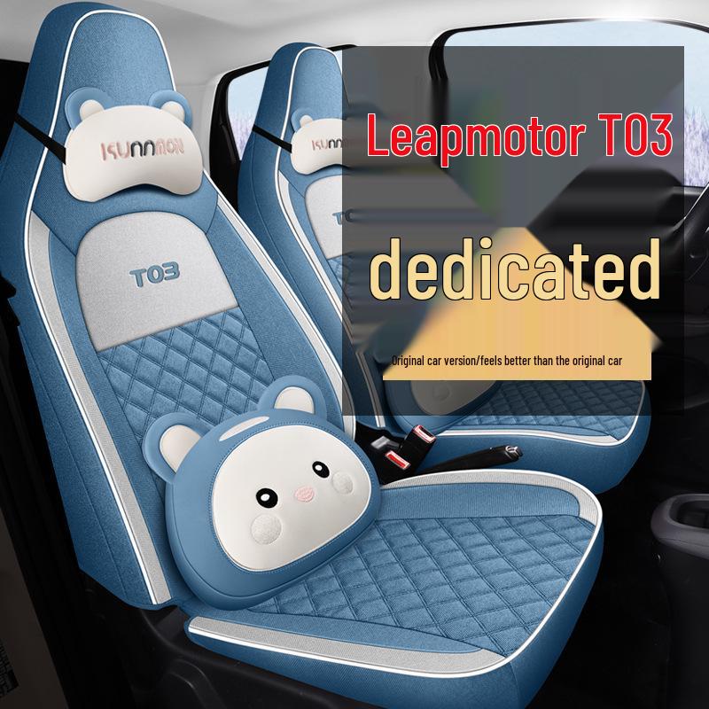 Leapmotor T03 Universal Cartoon Linen Car Seat Cover Set, Full Surround, Four Seasons.