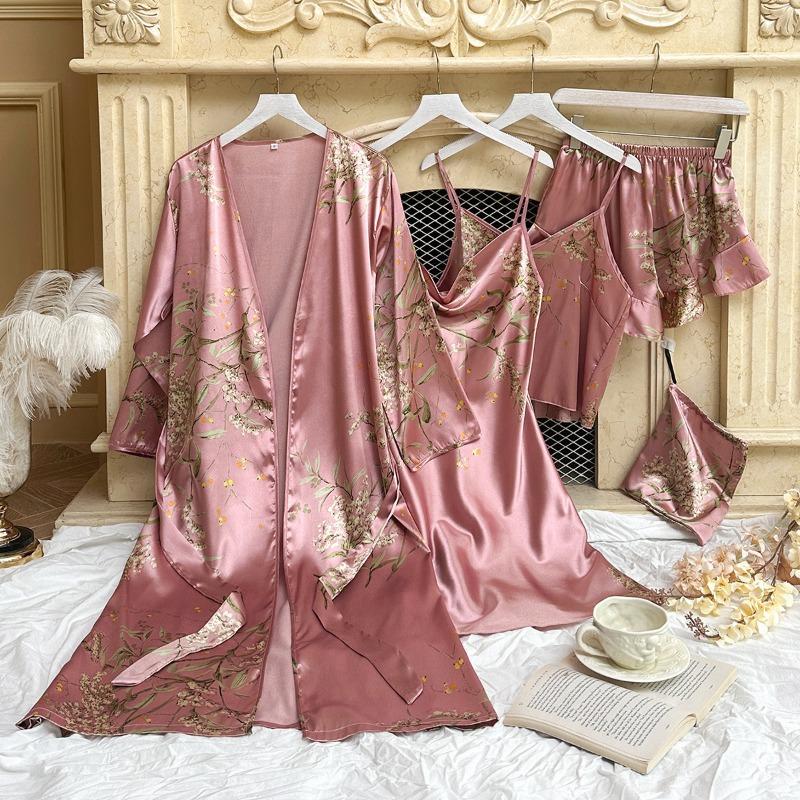 Suspender Women's Four-season Loungewear Lace-up Nightgown Nightdress Two-piece Set, Thin Outer Wear Medium and Long Pajama Set