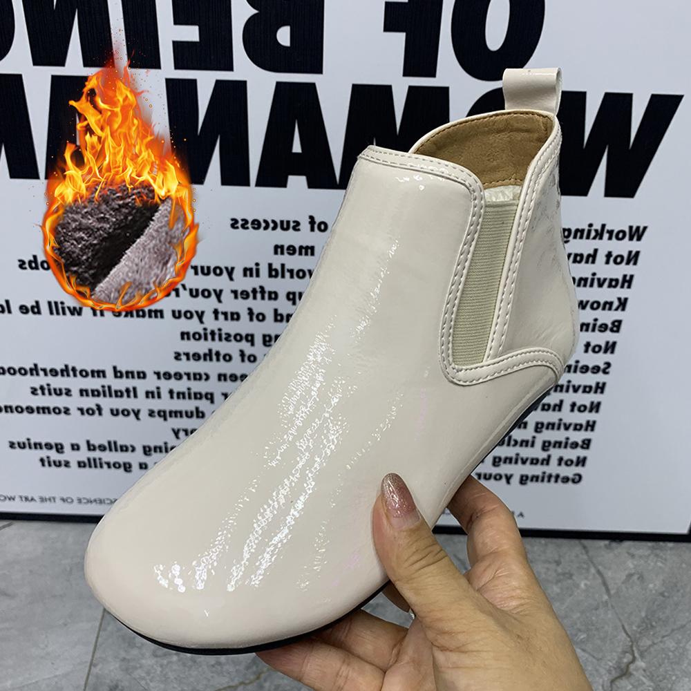 Fashion Women Boots Patent Leather Ankel Boots Warm Fur Snow Boots Waterproof Antislip Casual Women Shoes Plush Flat Boots