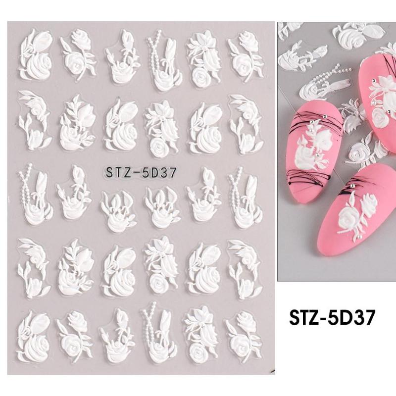 1 Sheet 5D Simple Flowers Nail Embossed Stickers Elegrant Wedding Design Adhesive Sliders Summer Textured Engraved Nail Decoration