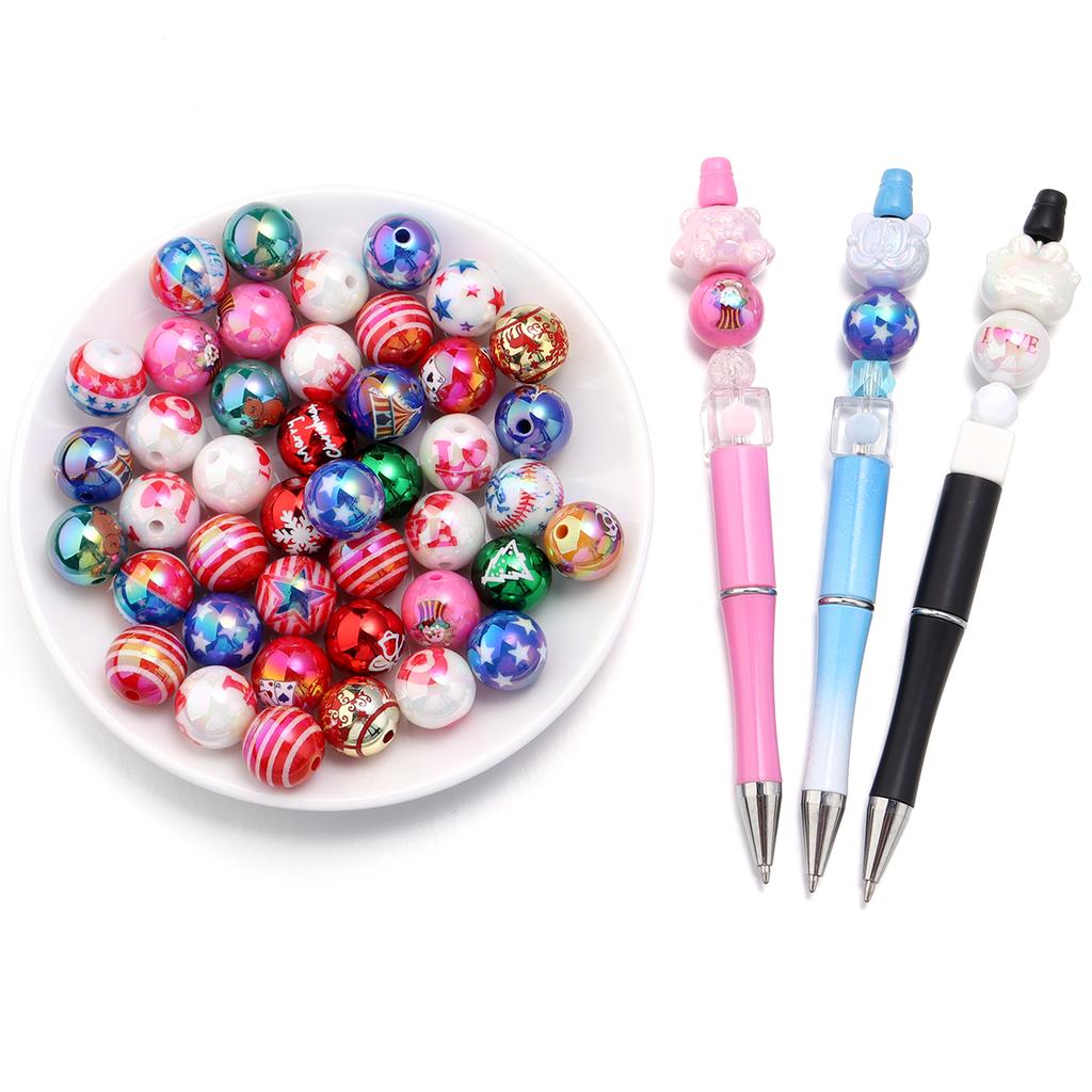 10Pcs 15.5mm Acrylic Plated UV Colored Beads Stripes Star Printed Loose Round Beads For DIY Phone Chain Jewelry Accessories