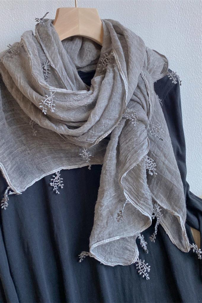 Gray Cotton Shawl with Embroidery - 180x90 , Boho Style and Everyday Comfort