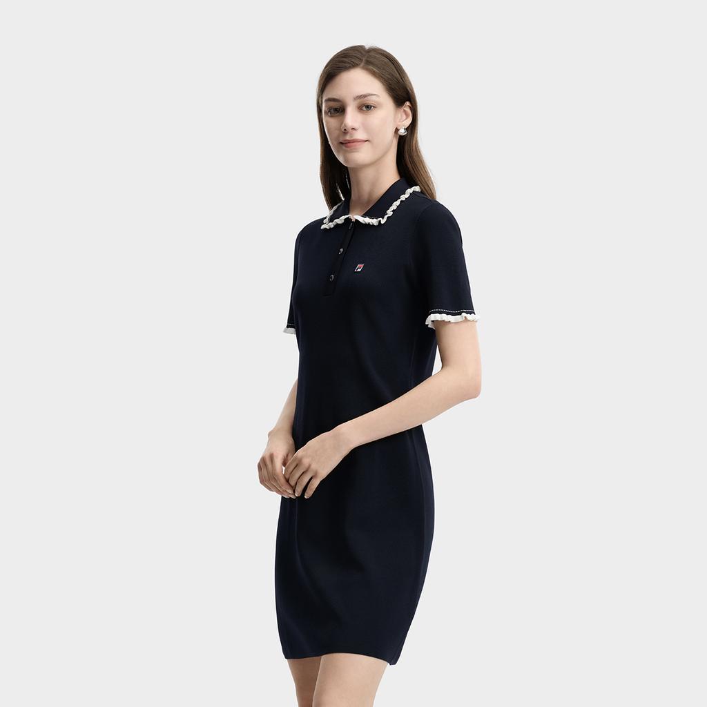 Fila Tennis Lace Woven Classic Simple Retro Sports Fashion Casual Elegant Relaxed Versatile Comfortable Polo Collar Short Sleeve Dress A11W623335FNV