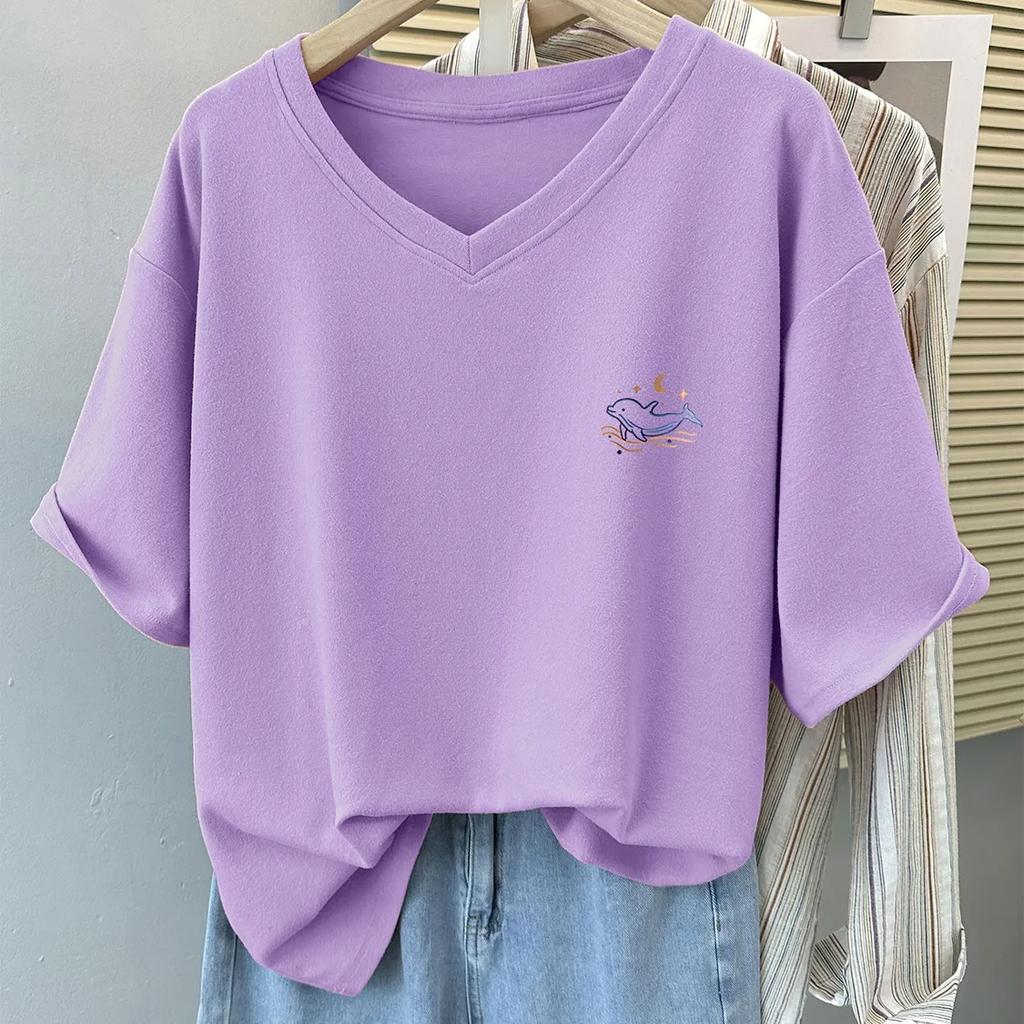 Camiseta Feminina de Verão com Manga Curta e Ombro Normal, Corte Solto, Tamanho Plus Size, Top Elegante com Decote em V e Design que Cobre a Barriga