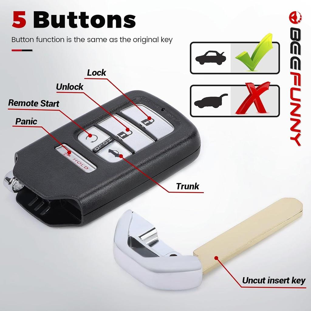 Beefunny Replacement Remote Keyless Entry Key Fob for Honda Accord 2018    ight    FCC ID:CWTWB1G0090 PN: 72147-TVA-A21 72147-TVA-A01 5Buttons