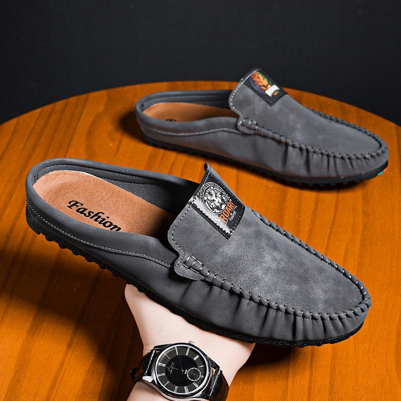 Leather Men's Shoe Male Slipper Mules Outdoor Slides Flat Half Cheap Shoes Liquidation Low Price Trend Summer Sale Fashion