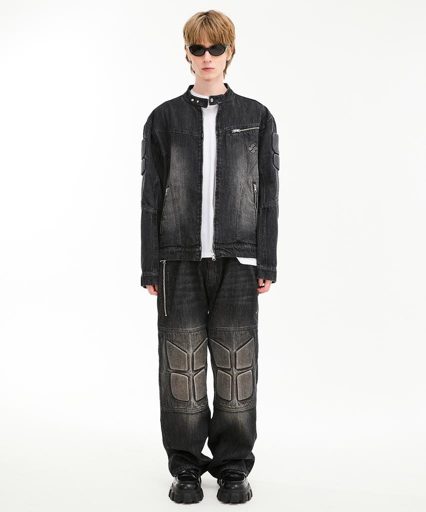 Hoodhood Embossed Denim Biker Jacket Black