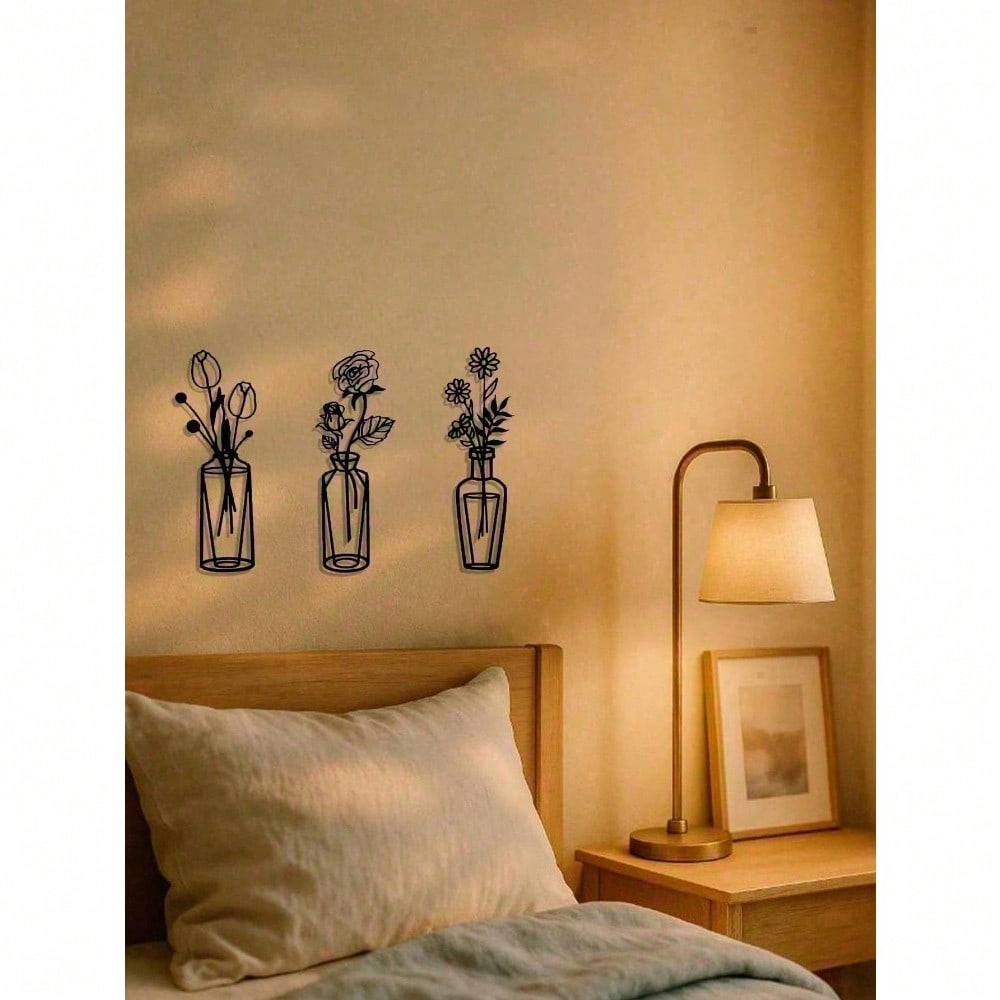3-Piece Metal Flower Wall Art with Detachable Vase, Rustic Boho Farmhouse Decor