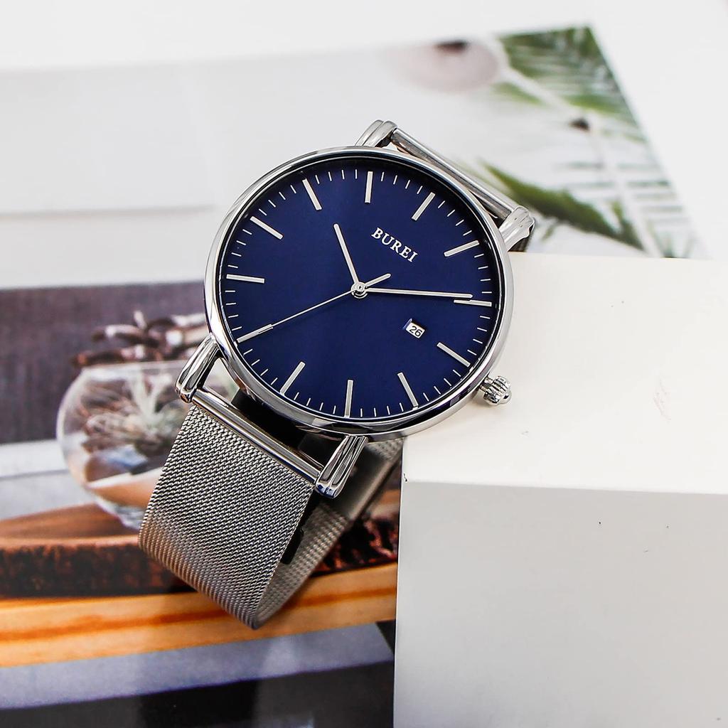 Simple Stylish Brand Popular Ultra Thin Lightweight Analog Watch Business Waterproof Quartz Arm Watch Silver Blue [BUREI] Men's Men's -
