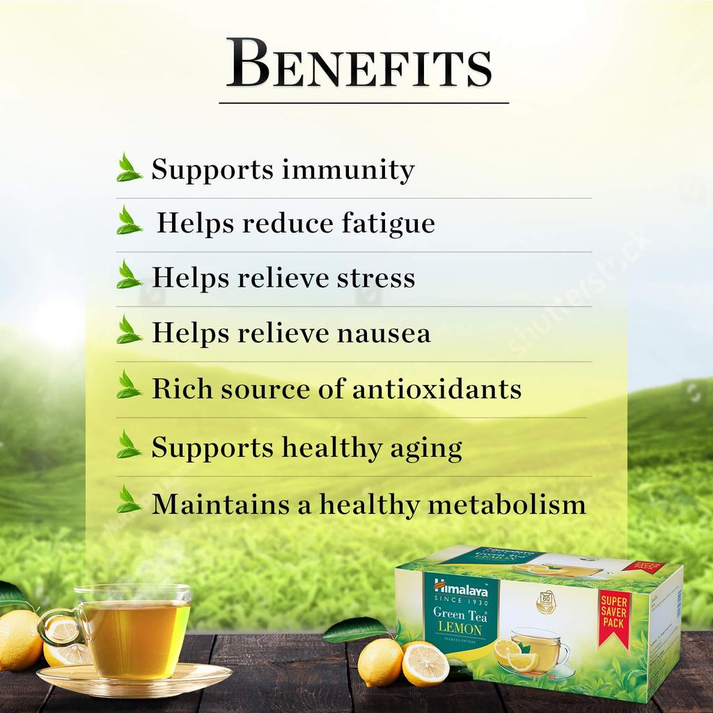Himalaya Green Tea Lemon Tea Bags 20 Count X Pack of 2 Herbal Refreshing Daily Wellness Drink Antioxidant Beverage