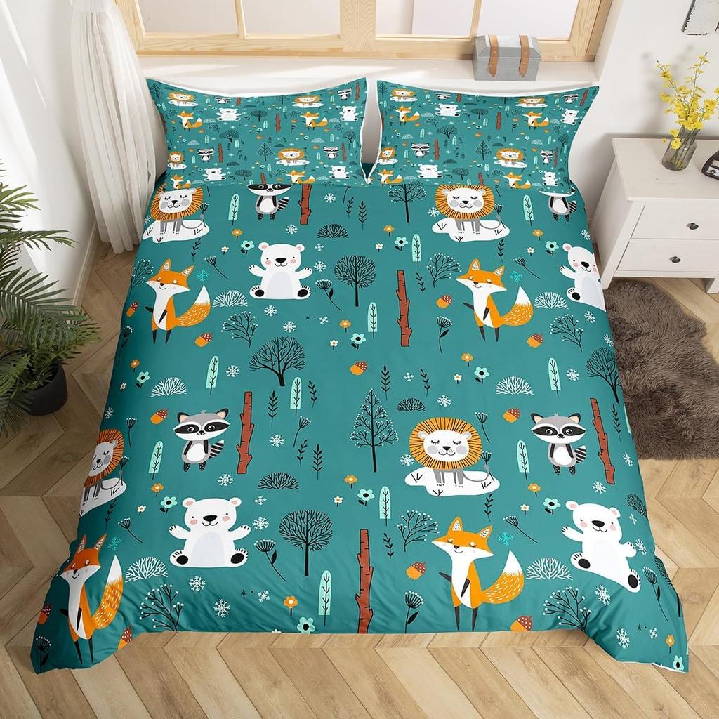 Kawaii Lion Duvet Cover Set Twin King For Kids Boys Girls Cartoon Animal Bedding Set Microfiber Wild Animals Theme Quilt Cover
