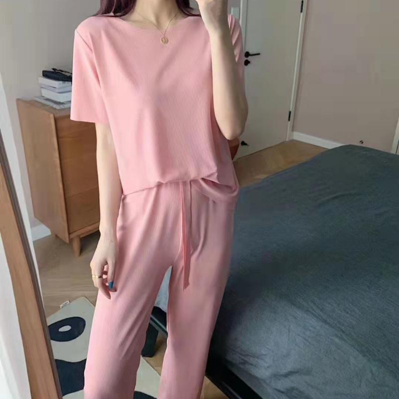 Ice Silk Pyjamas Kvinner Solid todelt sett Sommer Natttøy Kortermet Høst Koreansk Klassisk Basic Elegant Chic Trend