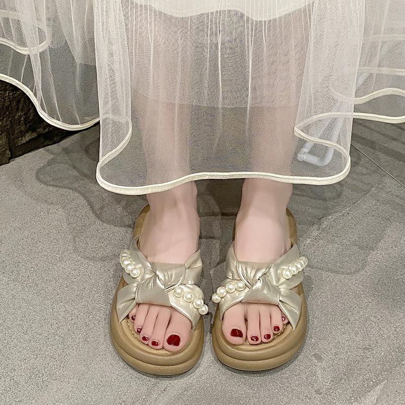 Fashion Platform Pearl Slippers for Women To Wear in Summer, New Versatile Fairy Style with Skirt, Lazy People Slip on And Drag