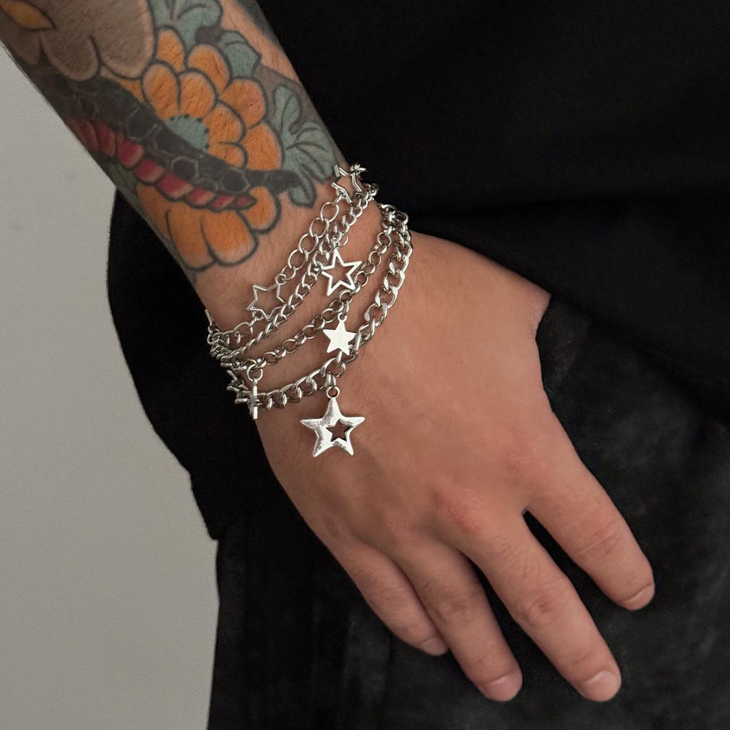 Zestaw Bransolet Hip Hop Łańcuch Kubański dla Mężczyzn Modny Hip Hop Osobowość Układane Bransoletki z Pięcioramienną Gwiazdą Biżuteria Męska