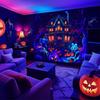 UV-Fluoreszierendes Geisterhaus-Wandteppich, Halloween-Thriller Dunkelwald Wandbehang, Ästhetische Schlafsaal Party Hausdekoration