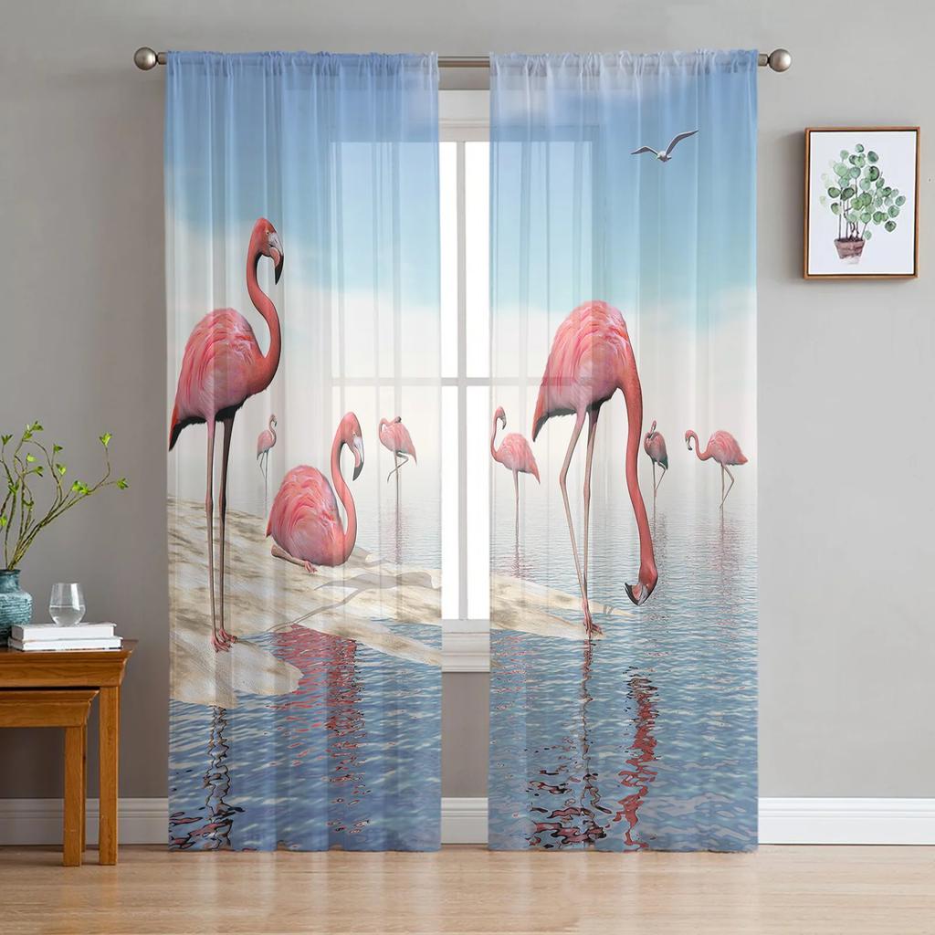 Flamingo Tropical Plant Flower Tulle Curtains Living Room Bedroom Kitchen Window Treatment Chiffon Curtain Blinds Light Filtering Polyester Great