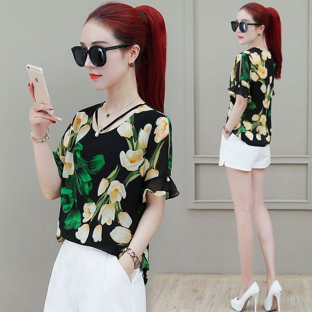 

Floral Printing Chiffon Shirt Women s Short Sleeves Blouse Summer New Korean Loose Fashion Bottoming Top M-4XL 2XL