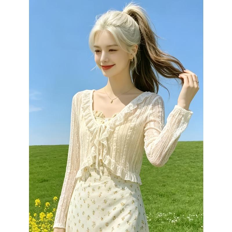 Women's Cardigan Jacket, Summer Lightweight Breathable Lace Tie Shawl, Fashionable Versatile Short Cardigan Jacket, Outerwear for Slip Dresses