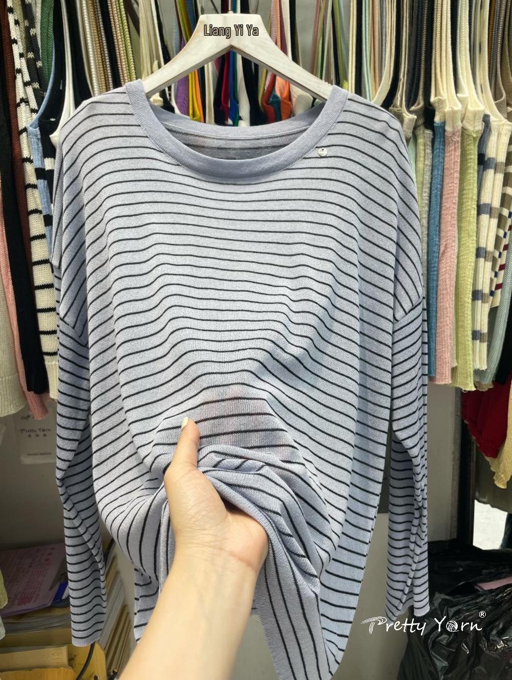 Relaxed Lightweight Summer Striped Knitwear: Women s Long Sleeve Loose Sun Protection Pullover Top One Size