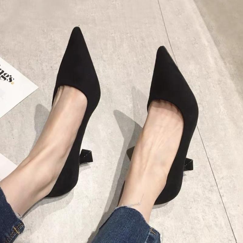 Women's Pumps Leopard Boat Shoes Pointed Toe Slip On Dress Shoes Black Faux Suede Mid Heels Stilettos Female Spring Autumn