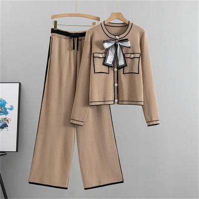 Women's Spring And Autumn Fashion Suit Temperament Knitted Cardigan Wide Leg Pants Two Piece Set