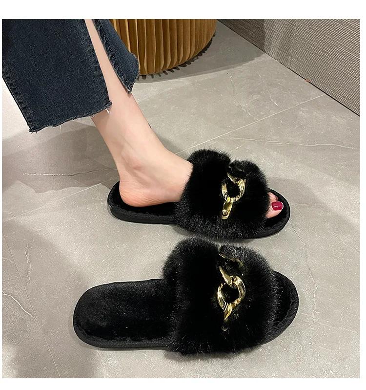 2024 Høst og Vinter Nye Hårtoffler med Metallkjede Dame Mote Varme Flate Tøfler