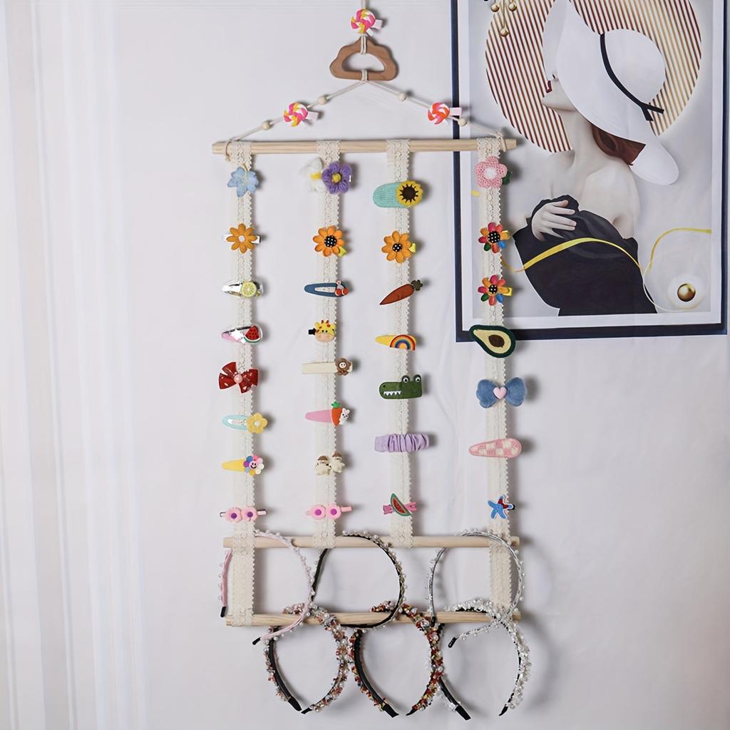Wall-Mounted Hair Accessories Organizer Macrame Canvas Hanger with Multiple Hooks for Bows, Scrunchies & Clips Storage Display Rack, Hair Accessories