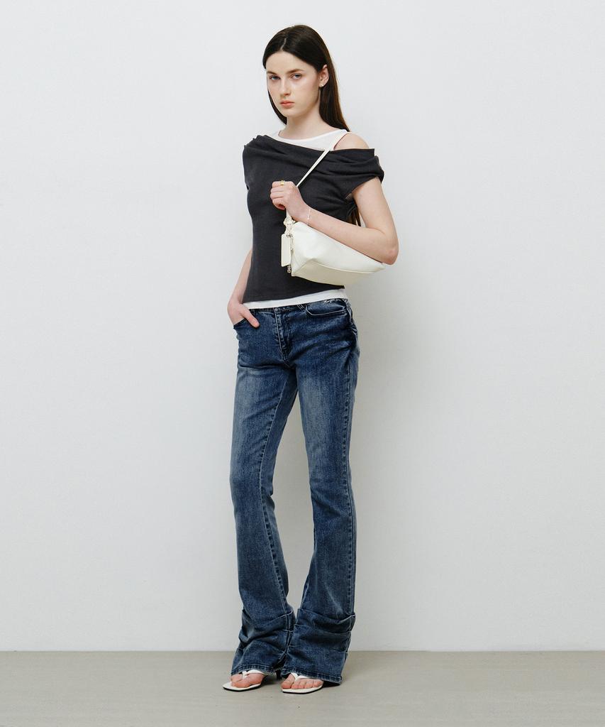 MONGDOL Double Layered One-Shoulder T-Shirt Charcoal Mdts093Charcoal