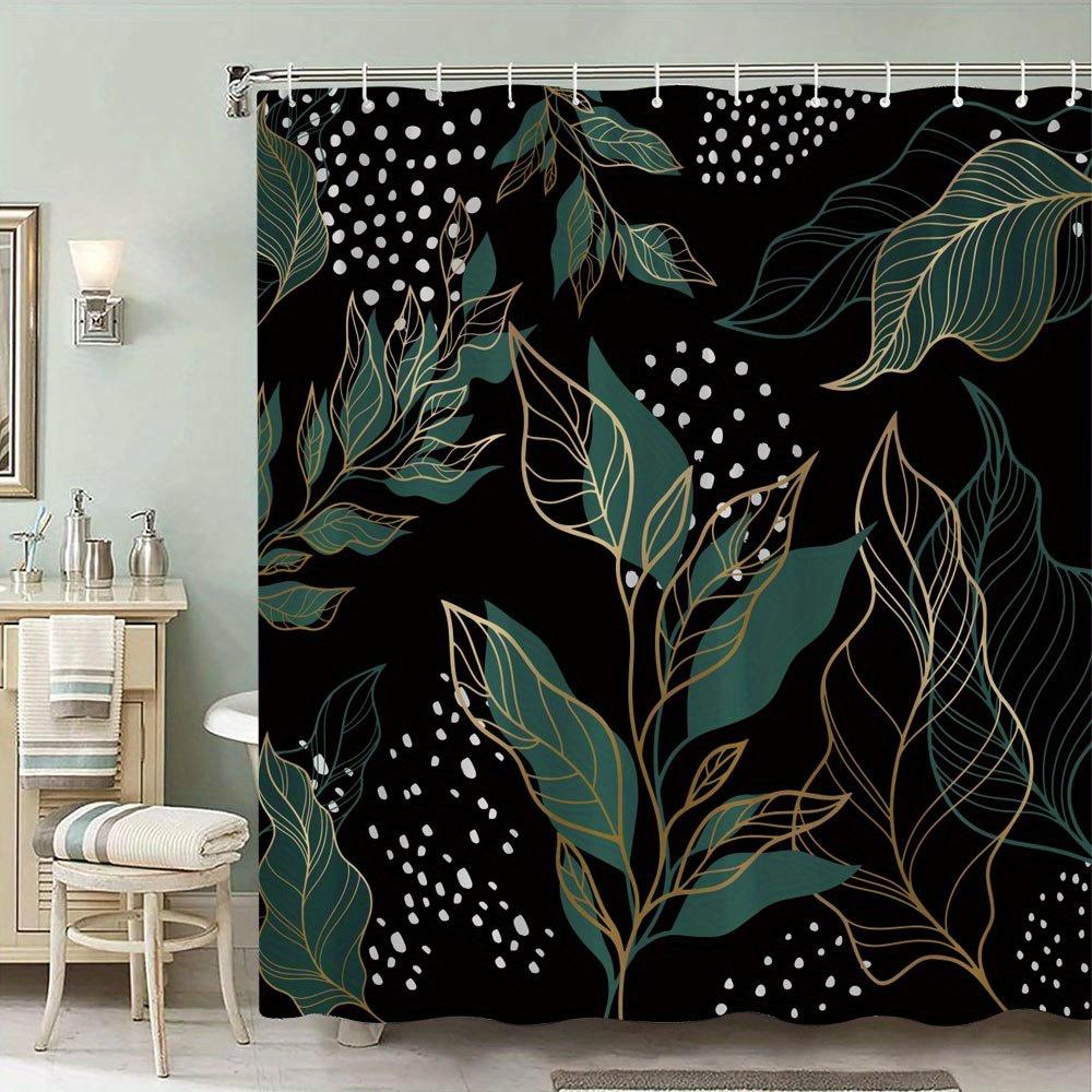 

1pc Modern Botanical Shower Curtain - Teal & Gold Leaf, Abstract Dots, 70x70In, Polyester, 12 Hooks, Stylish Bath Decor W90XH180cm