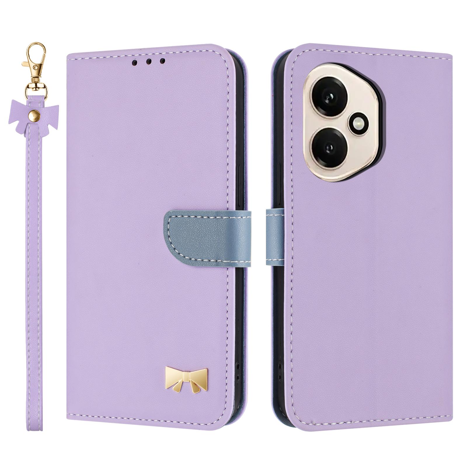 

Для Honor 400 5G (Глобальный) Чехол Кошелек из Кожи с Декором в Виде Бантика и Ремешком на Запястье Purple