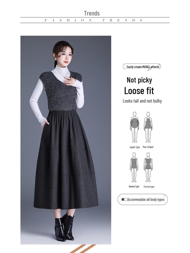 Women's Woolen A-line High Waist Midi Skirt: Thick, Fashionable Autumn/Winter Style