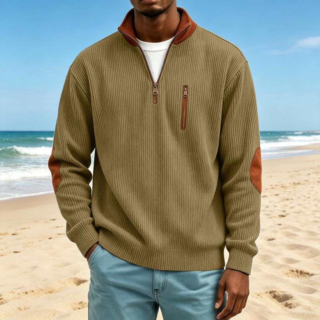 Men's Corduroy Stand Up Collar Sweater Casual Top with Chest Zipper Pocket and Cuff Patches