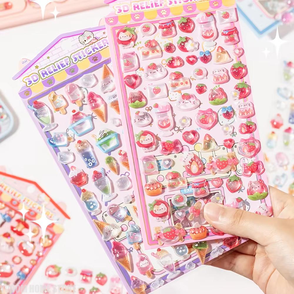 NEW Cute 3D Embossed Stickers Ice Cream Turtle Strawberry Apple Material for Phone DIY Scrapbooking Journaling Craft Supplies