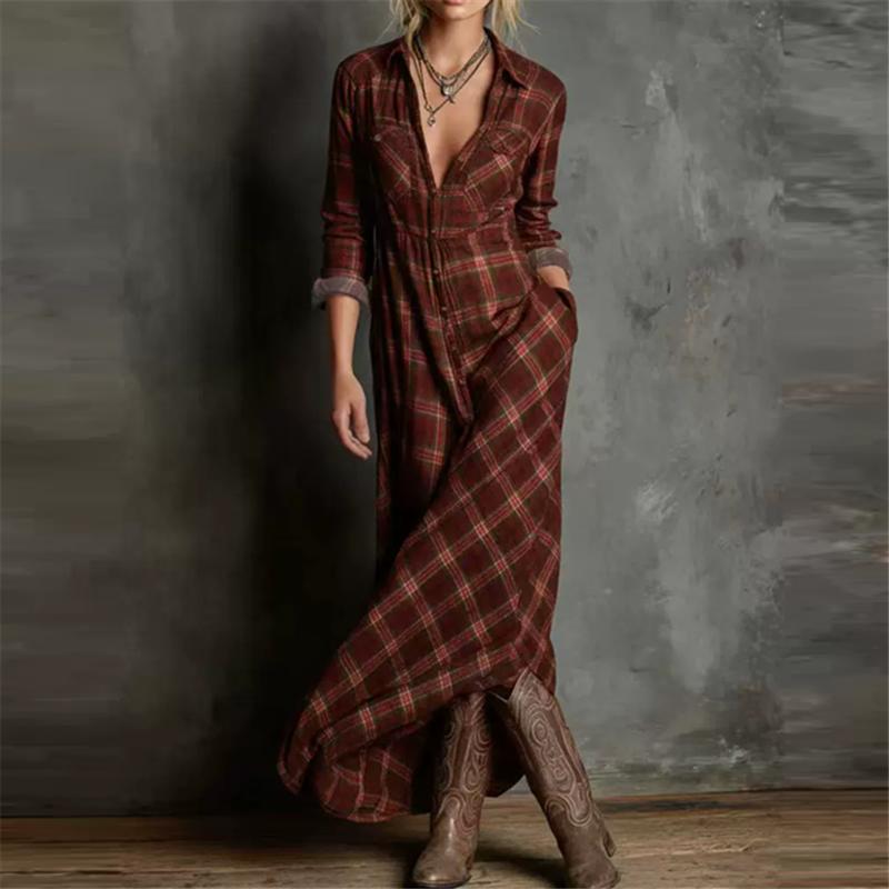 Autumn Turn-down Collar Button Up Plaid Clothes Dresses Vintage Robe Women Elegant Swing Dress Retro Pull On Dress