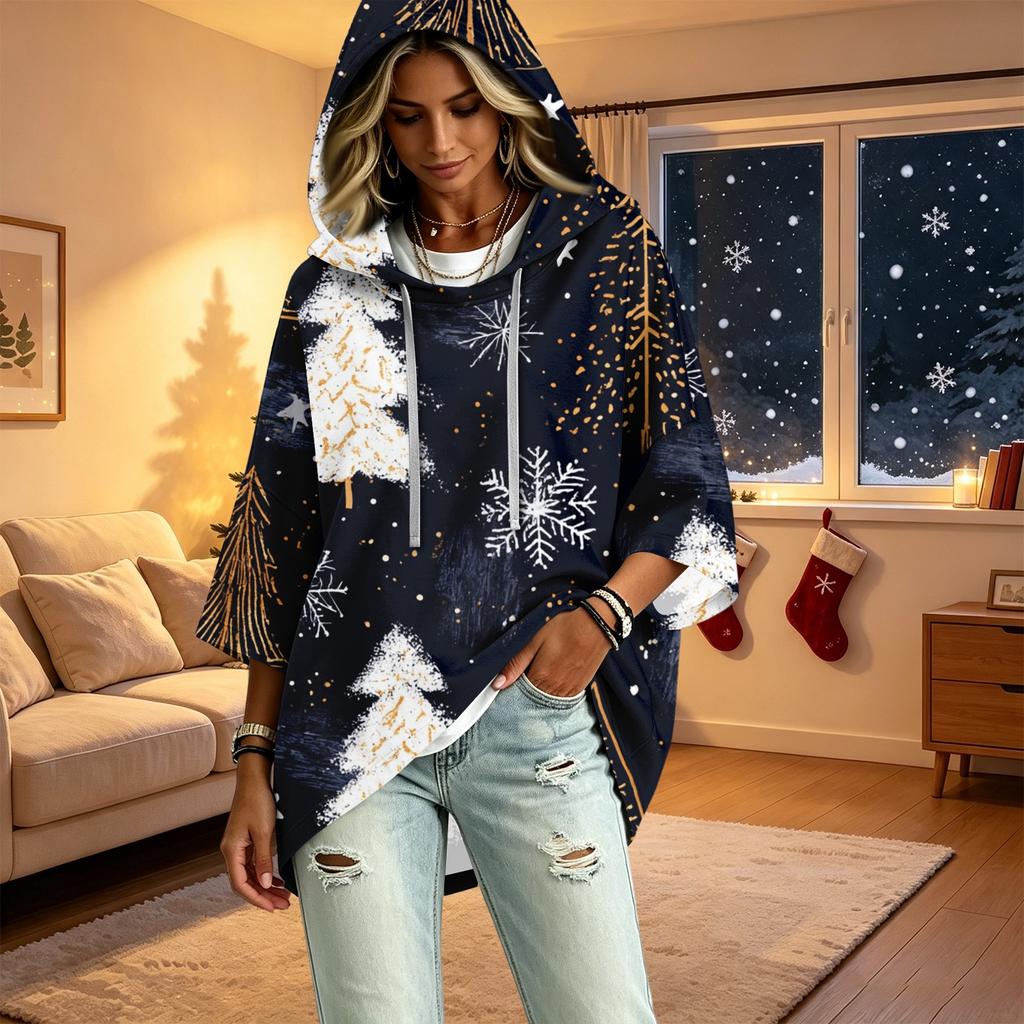 Women's Christmas Print Three-Quarter Sleeve Hooded Pullover Top