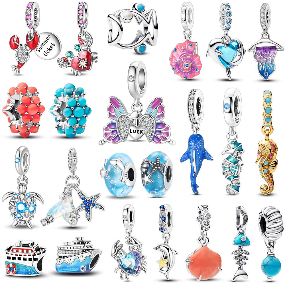 Summer Ocean Series Copper Crab,Dolphin & Seahorse Dangle Charm Fits Bracelet Diy Women Girl Necklace Pendant Gift