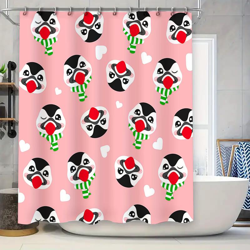 

Bright Red Nose Penguin Shower Curtain Christmas Decor Bathroom Set for Children s Room Waterproof Fabric Bath Mats in Pink with 90x180cm