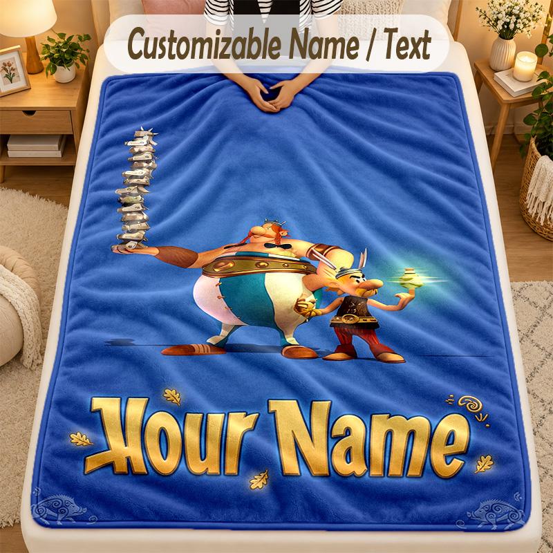 Flannel BlanketAsterix & Obelix Custom Name Text Personalized Soft Warm Throw Blanket Home Decor Gift