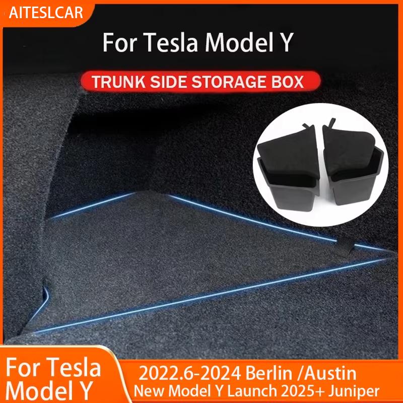 Trunk Side Storage Bins For Tesla Model Y-Berlin/Austin 2022-2025 Cargo Compartment Organizer Bucket TPE Box & Carpet Lids
