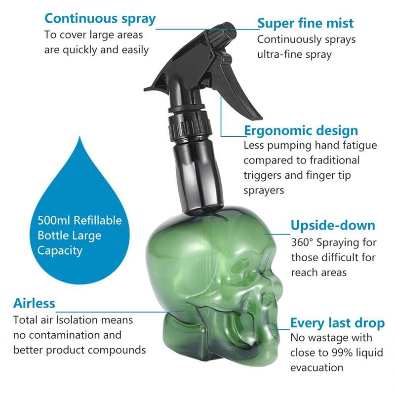 500ml Znovu plnitelná láhev Velká kapacita Design lebky Kadeřnická láhev s kontinuálním rozprašovačem Salonové nástroje a příslušenství pro stříhání vlasů