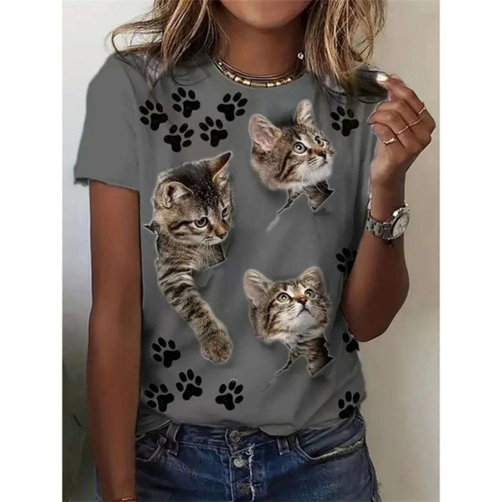 Funny Cat Graphic T Shirt Women Cartoon Animals 3D Printed T-Shirts Summer Oversized Short Sleeve O-Neck Tees Streetwear Tops
