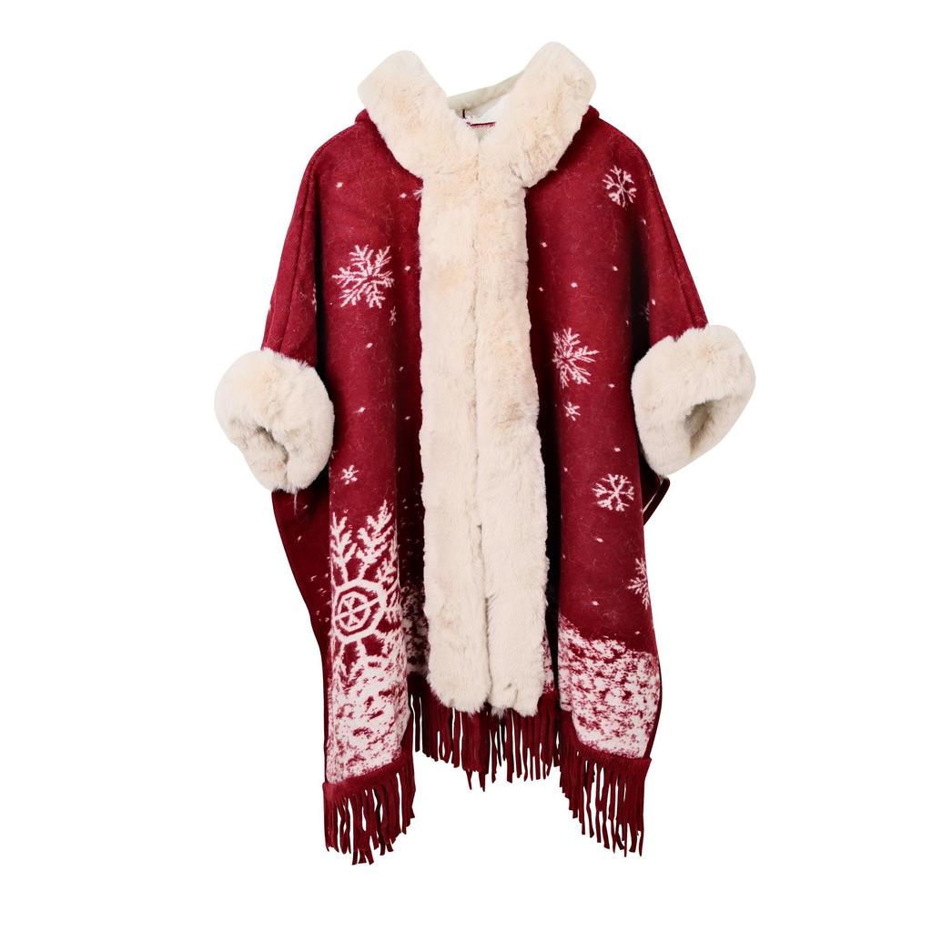 Damen Kapuzenmantel mit Kragen aus Kunstotterfell – Schneeflocken-Jacquard Winteroberbekleidung