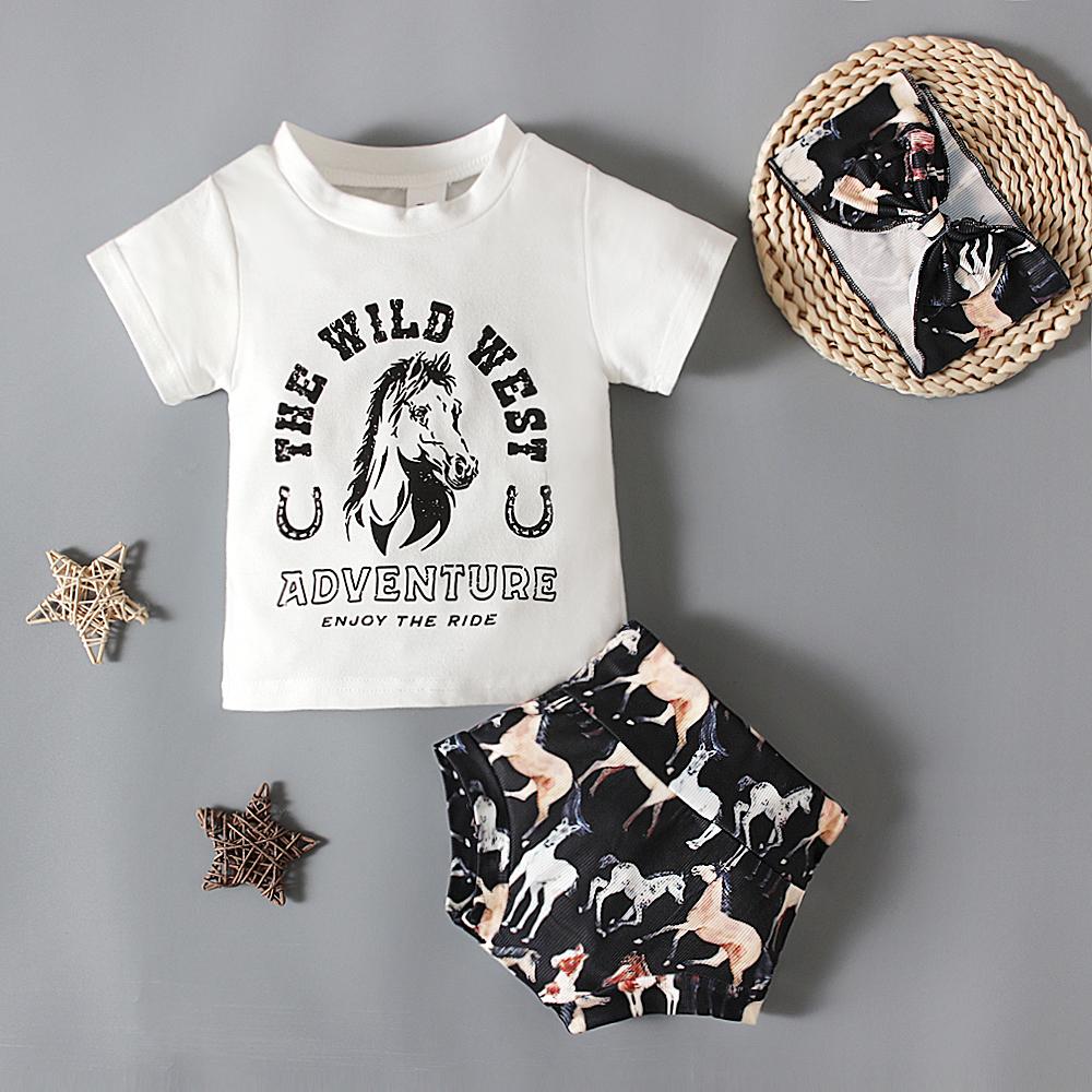 Summer Baby Animal Printed Tee Shirt + Shorts + Headband 3PCS Outfits Clothes for 0-3 Years