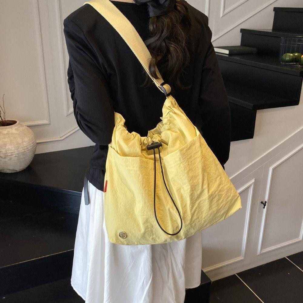Korean Style Pleated Drawstring Bucket Bag Large Capacity Cloth Crossbody Bag  Women
