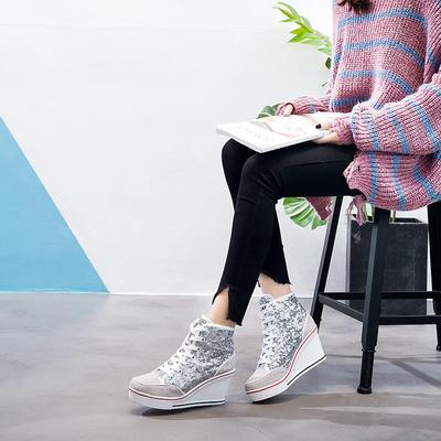 Moda 8CM otoño Zapatos de Mujer Rosa Negro Plata Brillo Vulcanizado Mujer Plataforma Cuña Zapatillas Casual Zapatos De Mujer